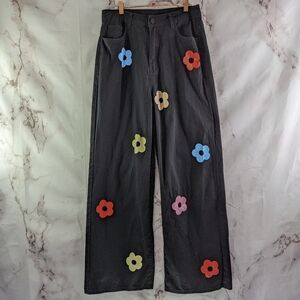 Cider Pants Women XL Black Flower Floral Pattern Wide Leg Jeans High Rise Mod